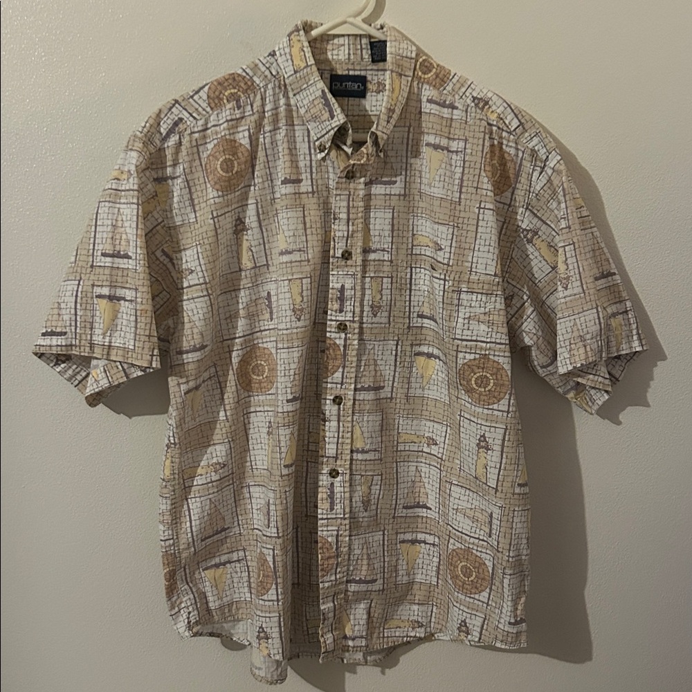 Puritan Beige/Cream Nautical Print Cotton Casual Button Down Shirt..L